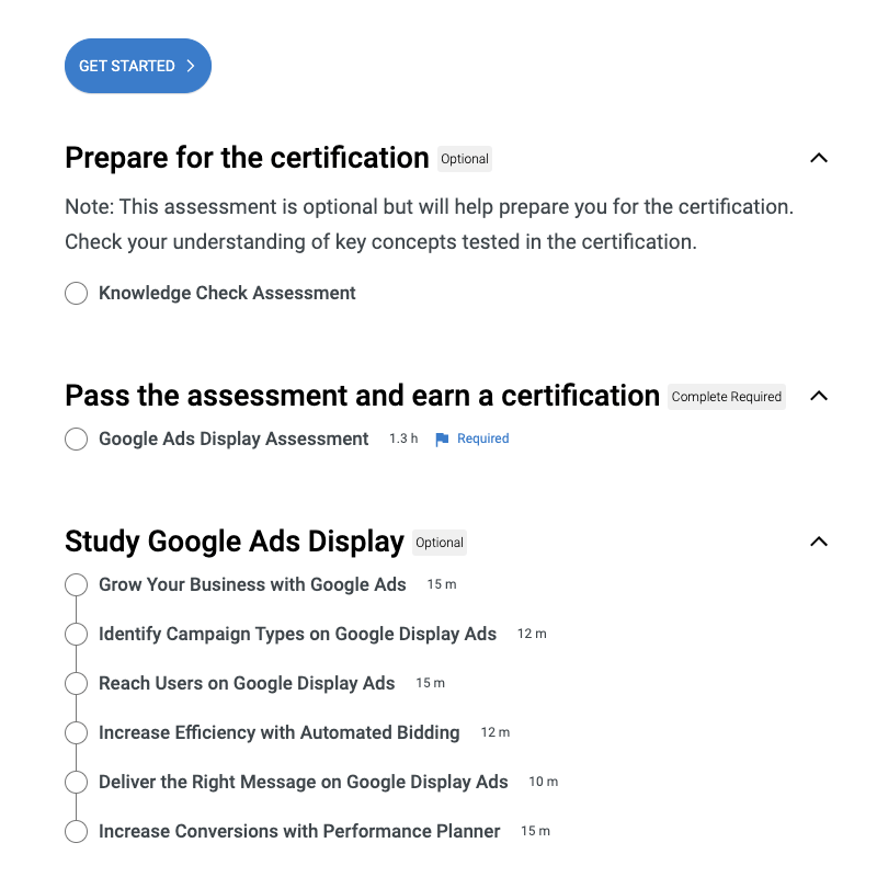 Google Ads Fundamentals course with the learning path and lessons.