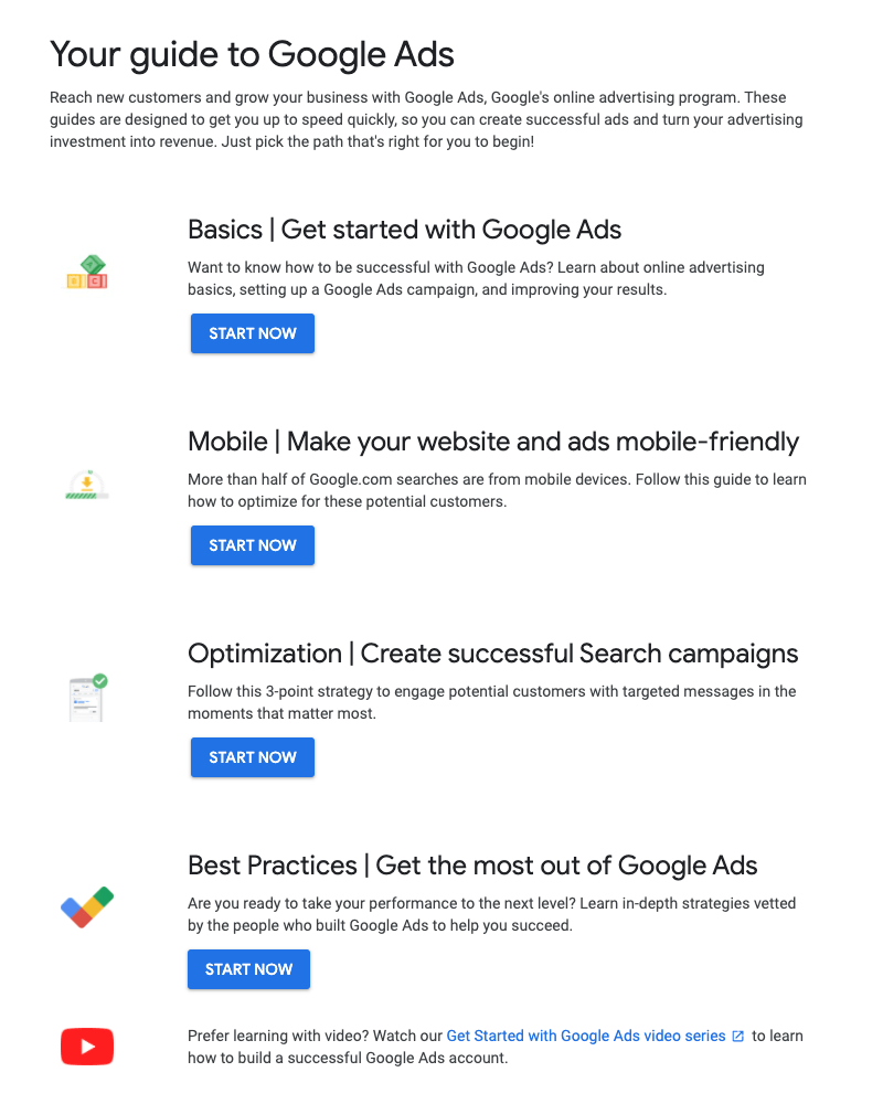 Guide to Google Ads page with step by step guide about basics, mobile ads, ads optimization and best practices.