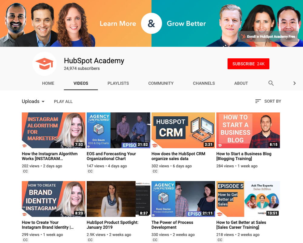 Hubspot Academy YouTube channel with videos for customer training and nurturing.