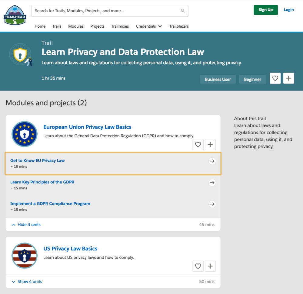 Trailhead data protection lesson's learning path