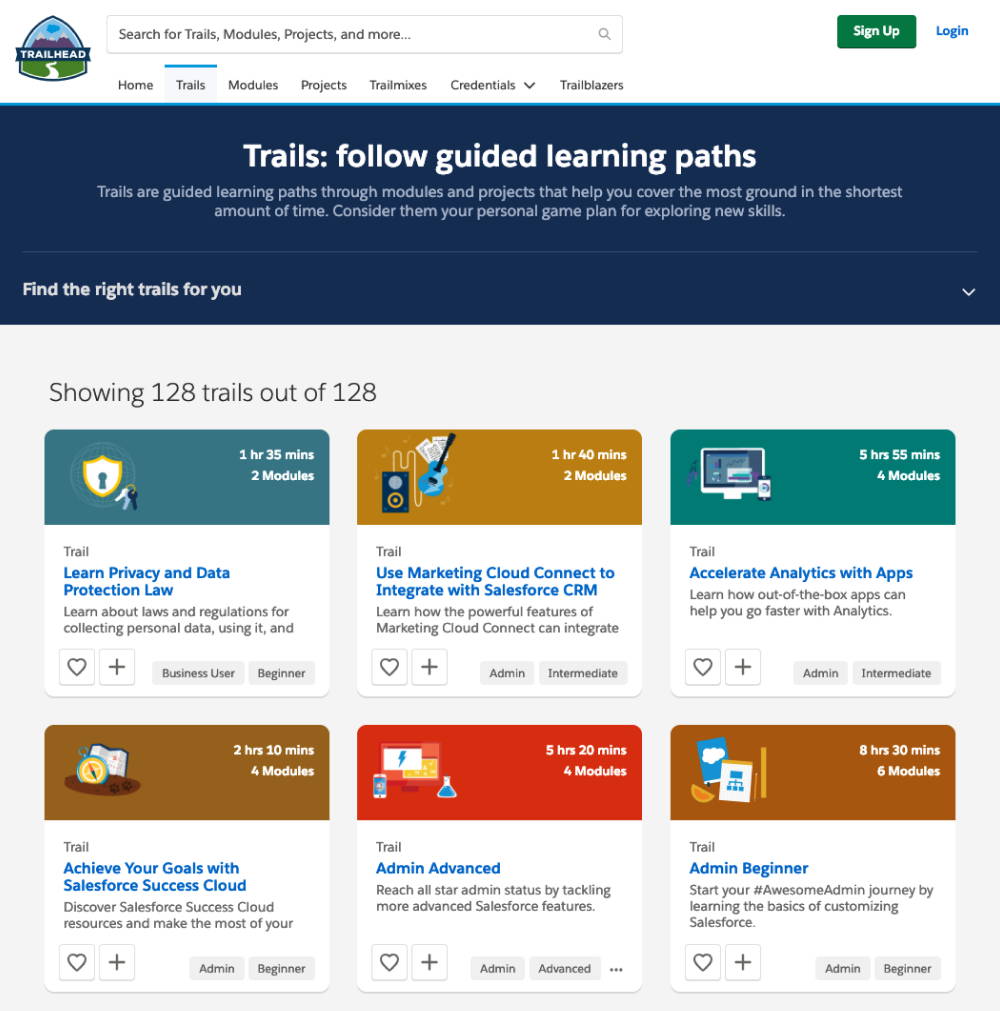 Trailhead - Salesforce trails page with list of available lessons