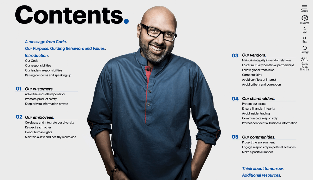 Best Buy's Code of Conduct contents page.