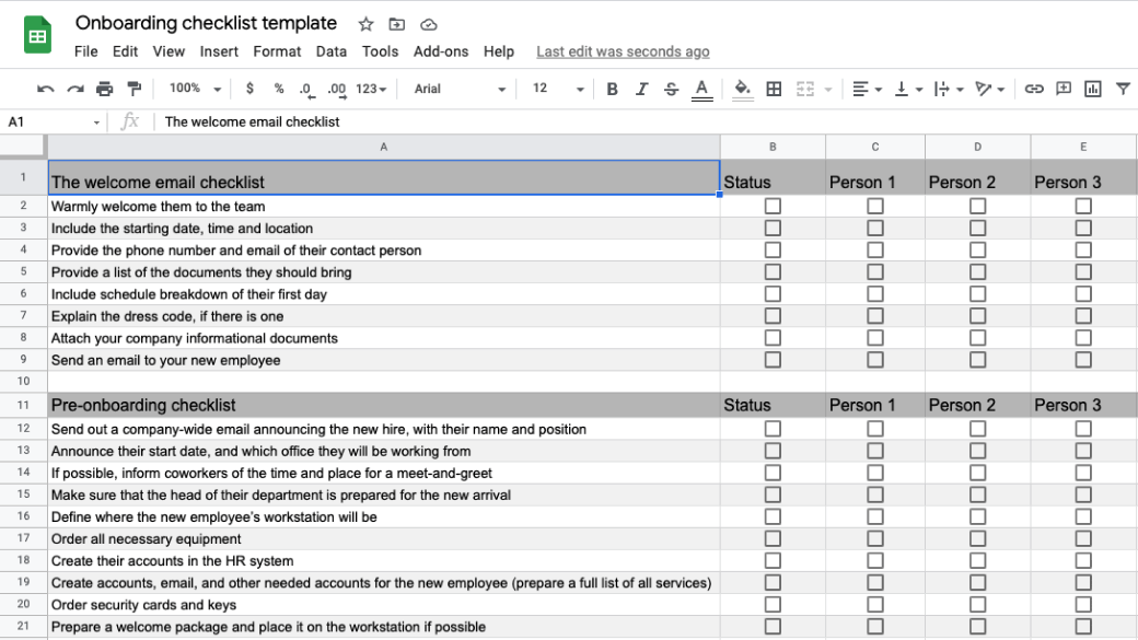 Onboarding checklist Excel template with checkboxes