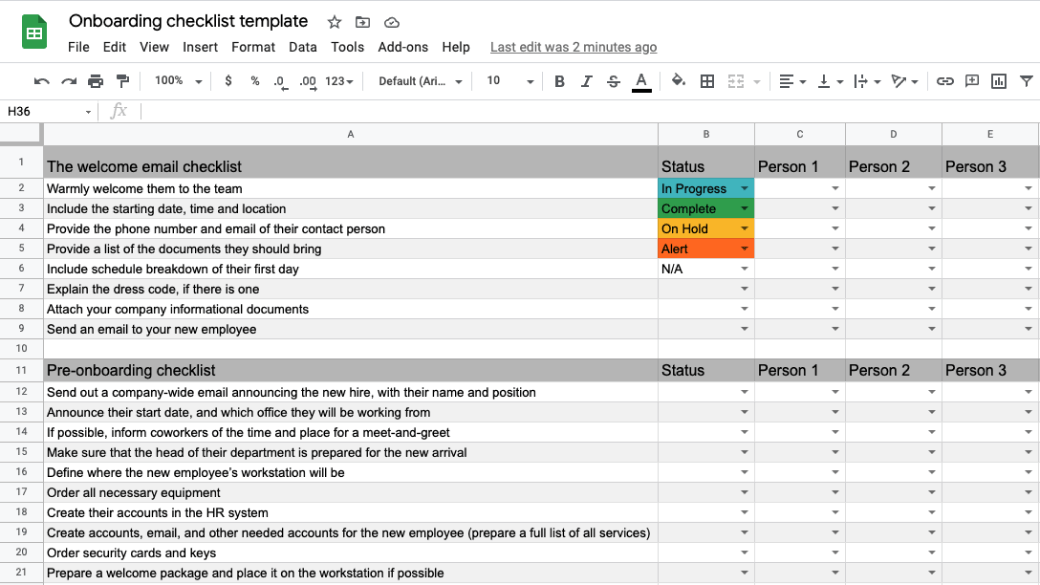 Onboarding checklist Excel template with dropdown selector