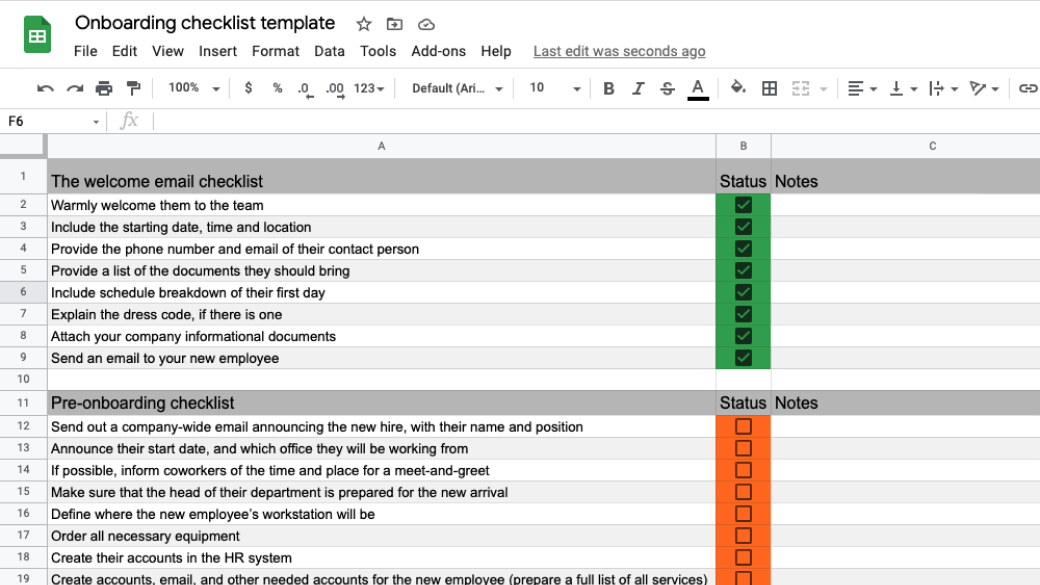Onboarding checklist Excel template with checkboxes for a single person