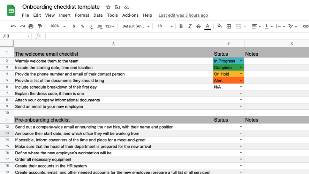 Onboarding checklist Excel template with dropdown selector for a single person