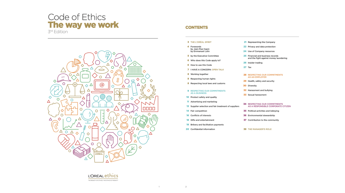 L'Oreal Code of Ethics contents page.