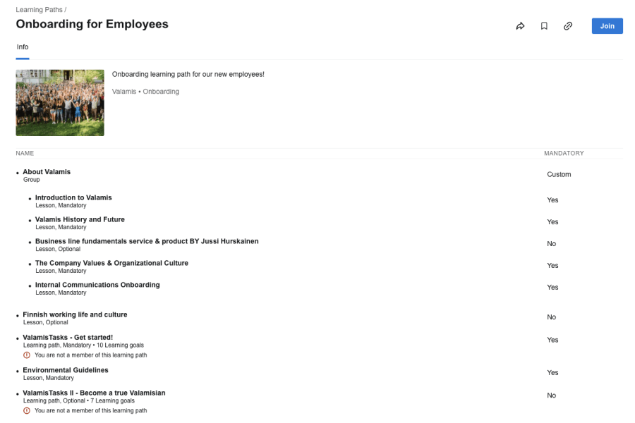 Structure of the employee onboarding learning path at Valamis. It contains company introduction, history, values, culture, first tasks.