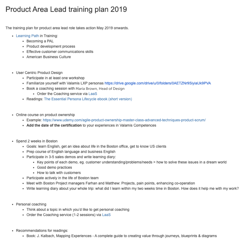 Product area lead training plan example. The list of activities planned for that role during the year, contains training sessions, coaching, events, webinars, and online courses.