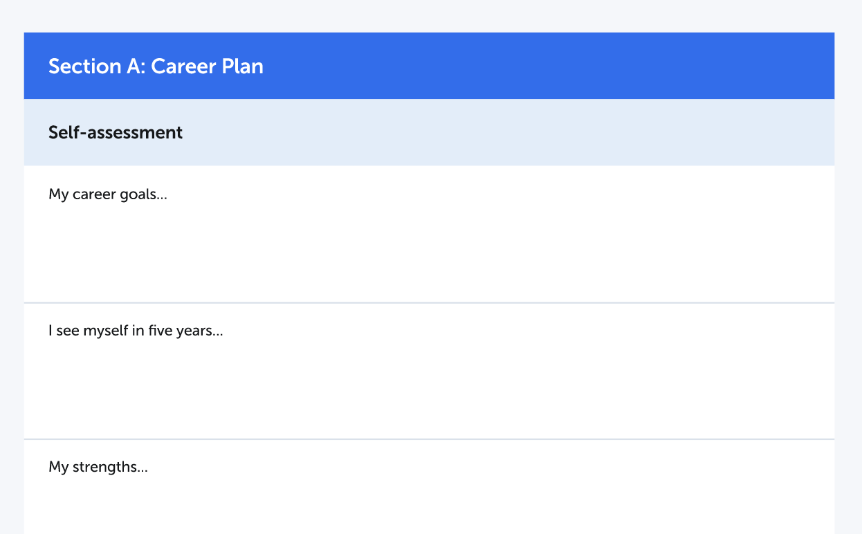 The image shows the screenshot of the section with self-assessment in career development plan template