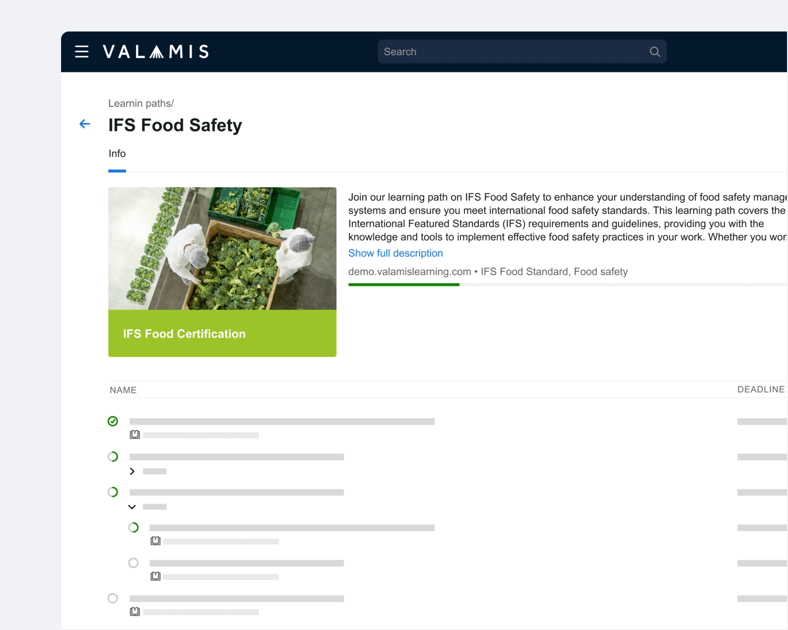 Beispiel der Valamis-Plattform für die IFS-Schulung zur Lebensmittelsicherheit