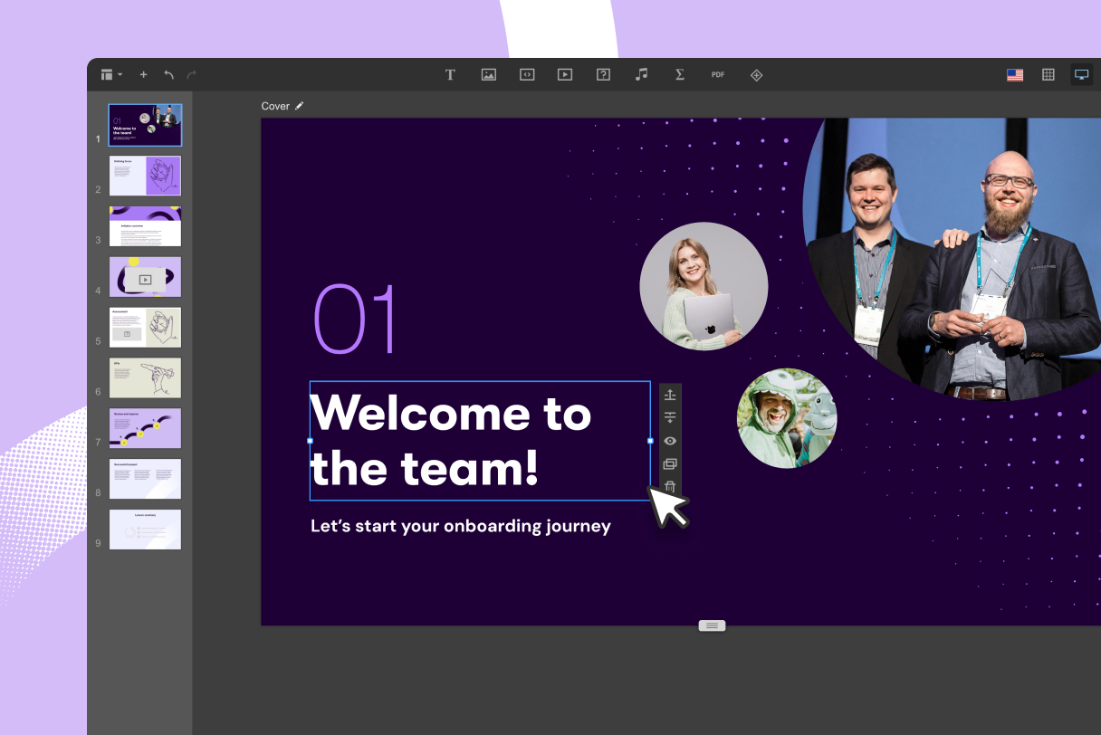 Valamis lesson studio showing how to make a new lesson for corporate onboarding