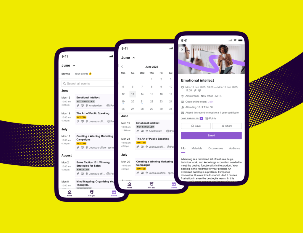 Valamis event management feature on a mobile phone view with a Valamis yellow background