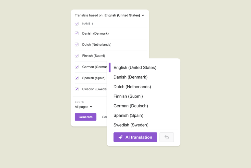 AI Translations in Valamis Lesson Studio content authoring tool.