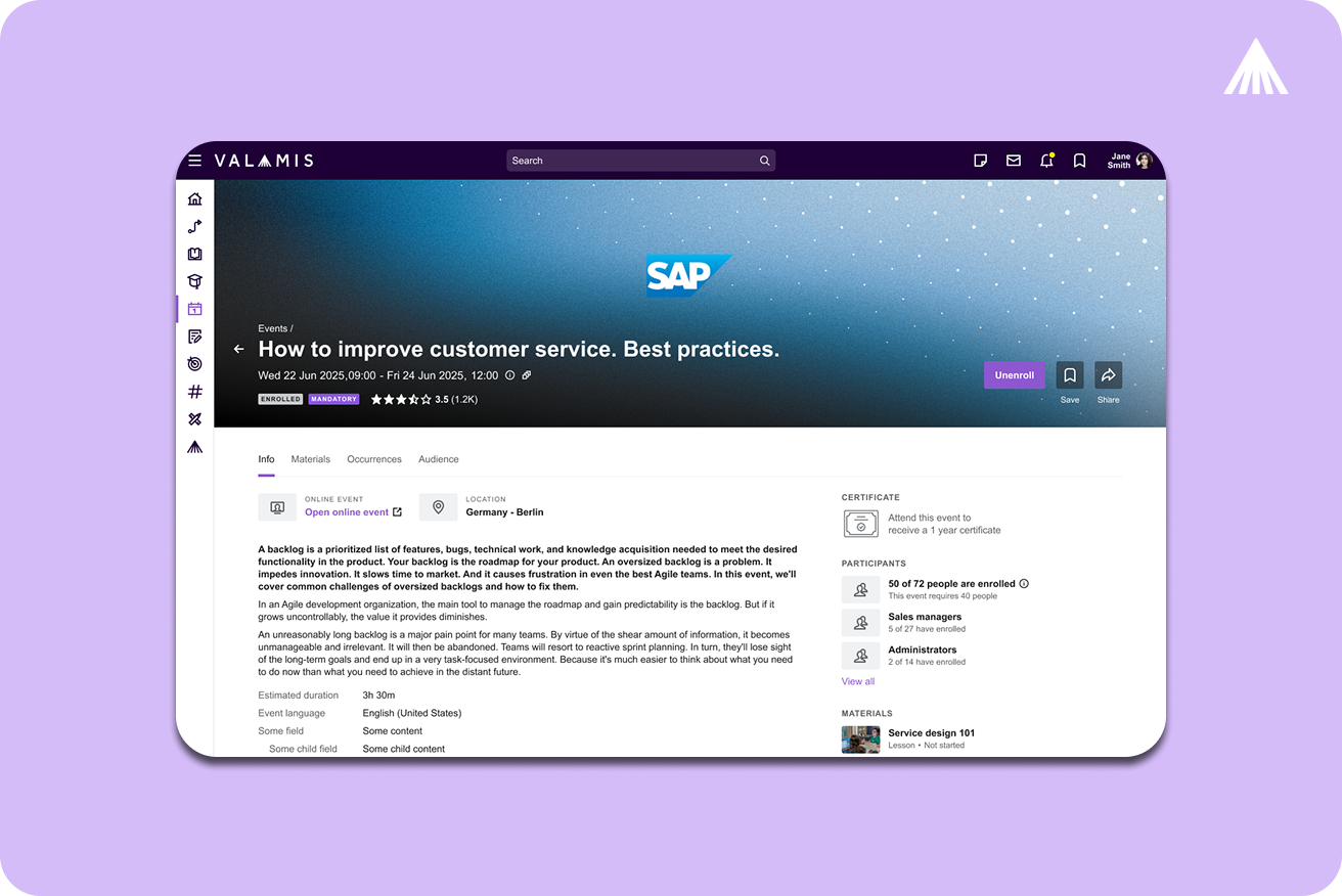SAP SuccessFactors within the Valamis learning platform