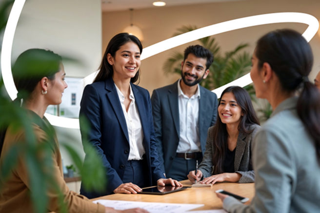 A modern office showing the team discussing employee skills development