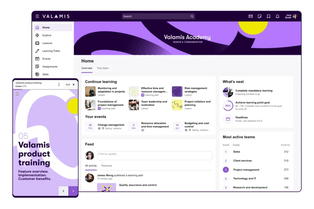 The Valamis learning platform shown on both desktop and mobile devices.