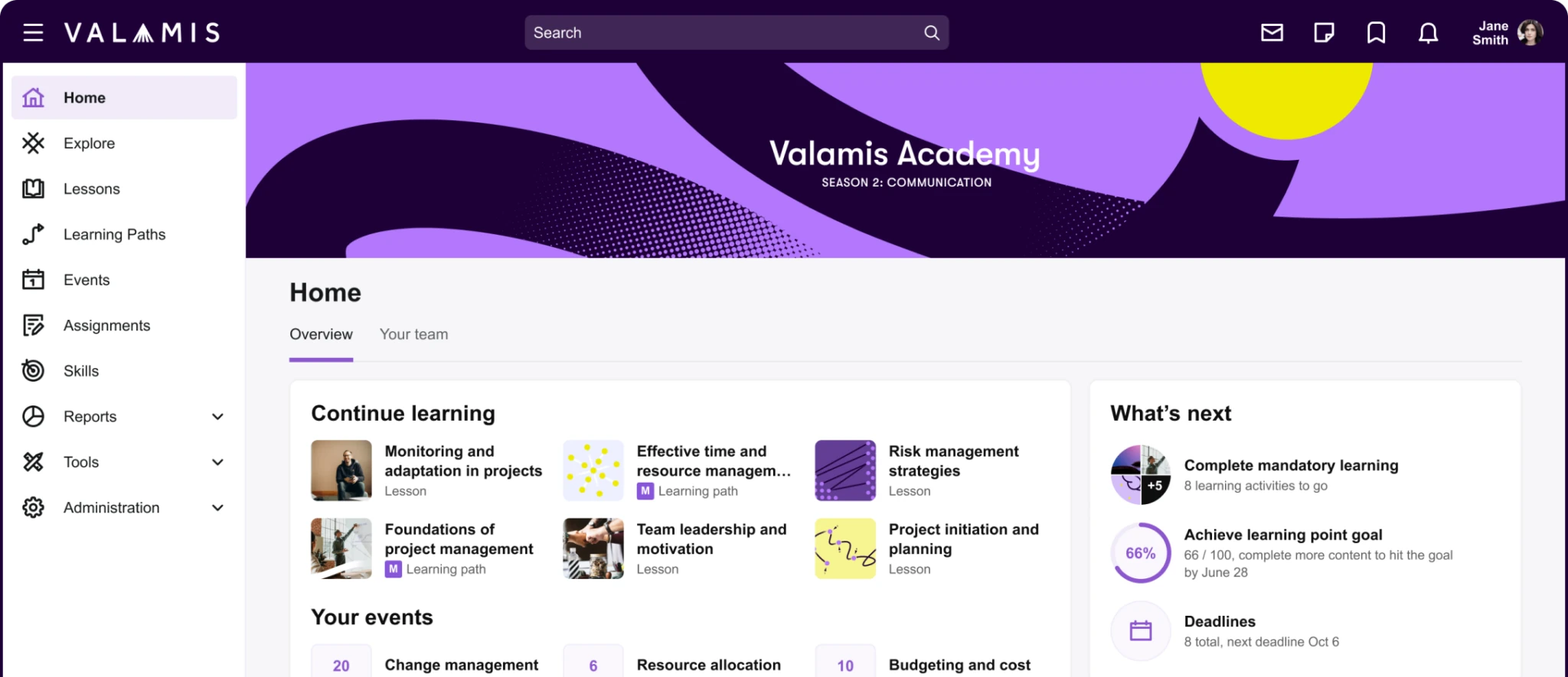 An overview of the Valamis homepage
