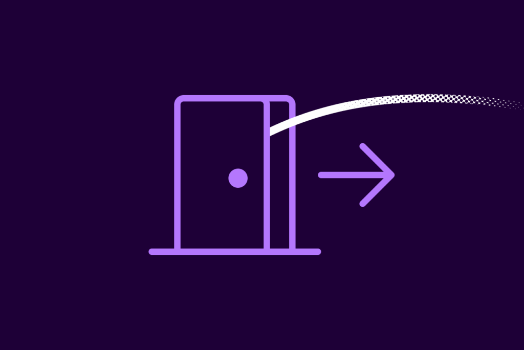 Illustration of a door with an arrow, representing the LMS UI becoming a side door to the enterprise stack