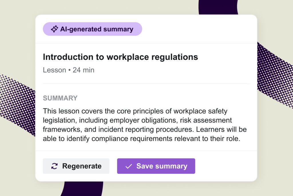 Valamis AI-generated lesson summary — Introduction to workplace regulations with regenerate and save options