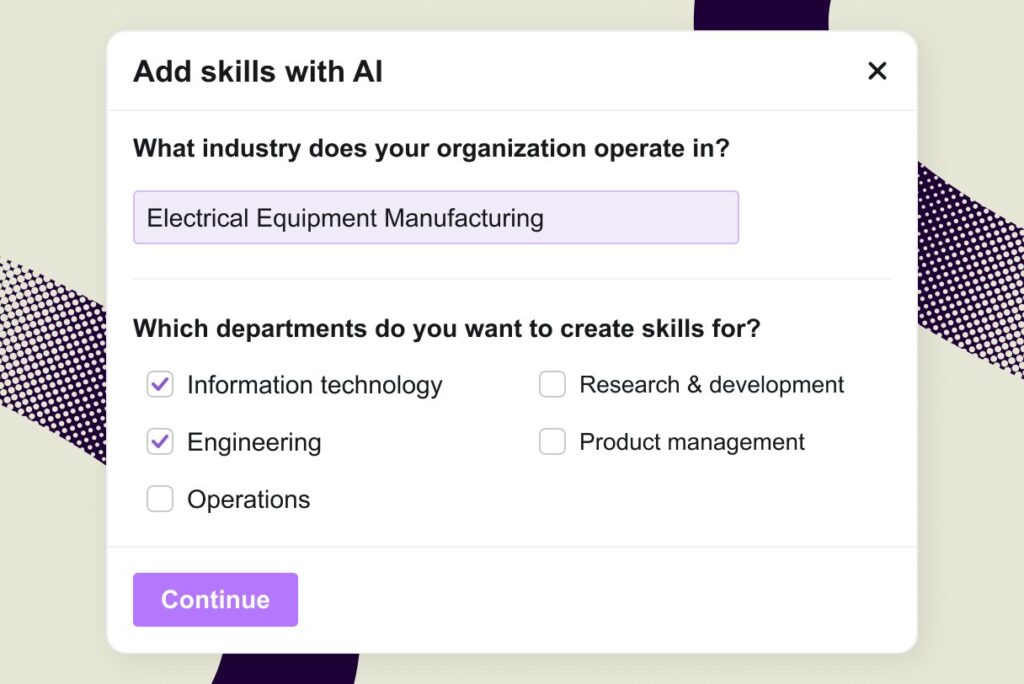 Valamis Add skills with AI — industry and department selection to generate role-relevant skills frameworks automatically