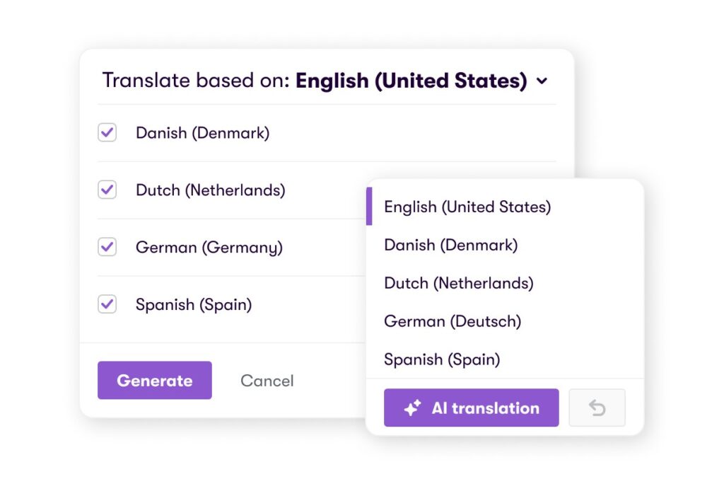 Valamis AI translation — generating content in Danish, Dutch, German and Spanish from English source with AI translation button