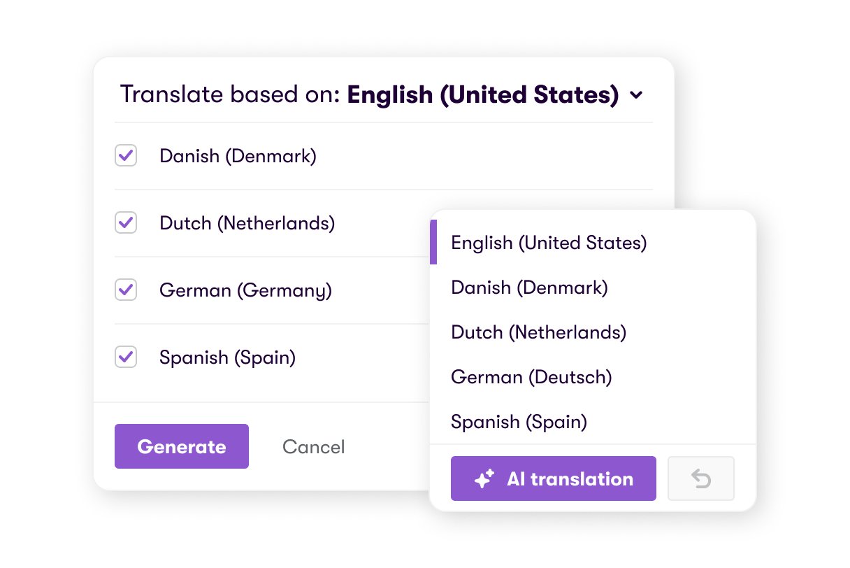 Valamis AI translation — generating content in Danish, Dutch, German and Spanish from English source with AI translation button