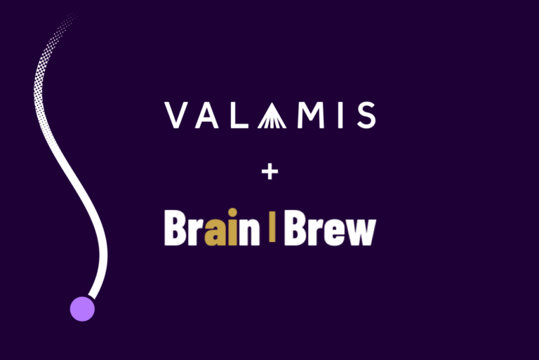 Valamis logo above a plus sign and the Brain+Brew logo, announcing the partnership