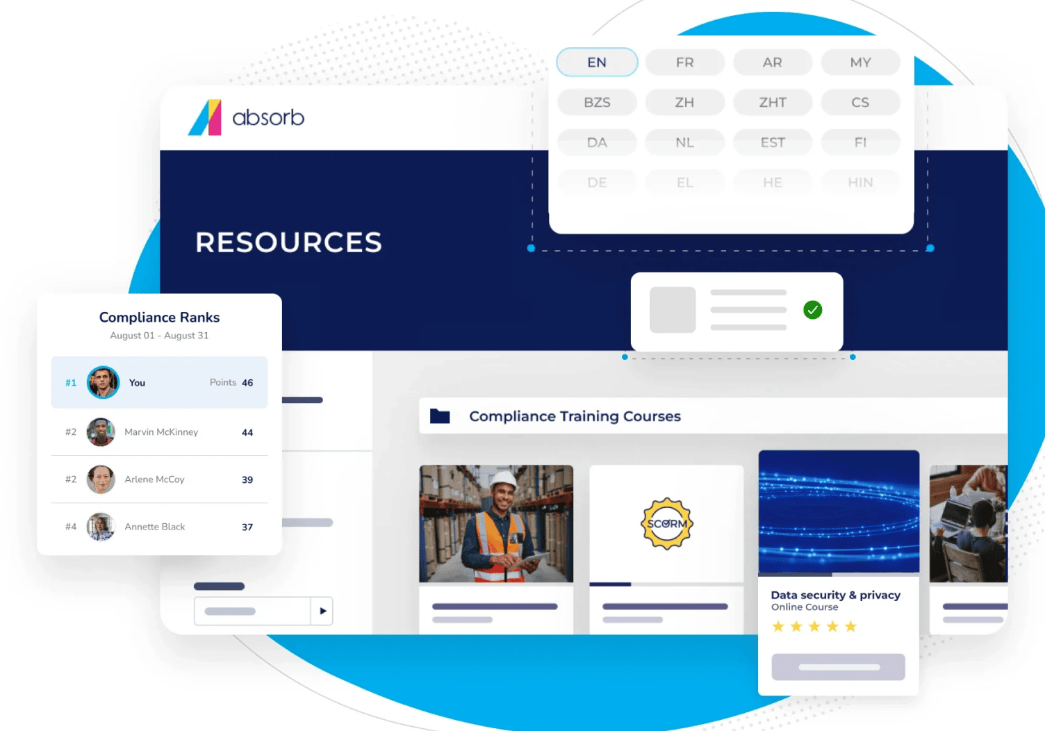 Absorb LMS resources page showing compliance training courses, a compliance leaderboard and language options