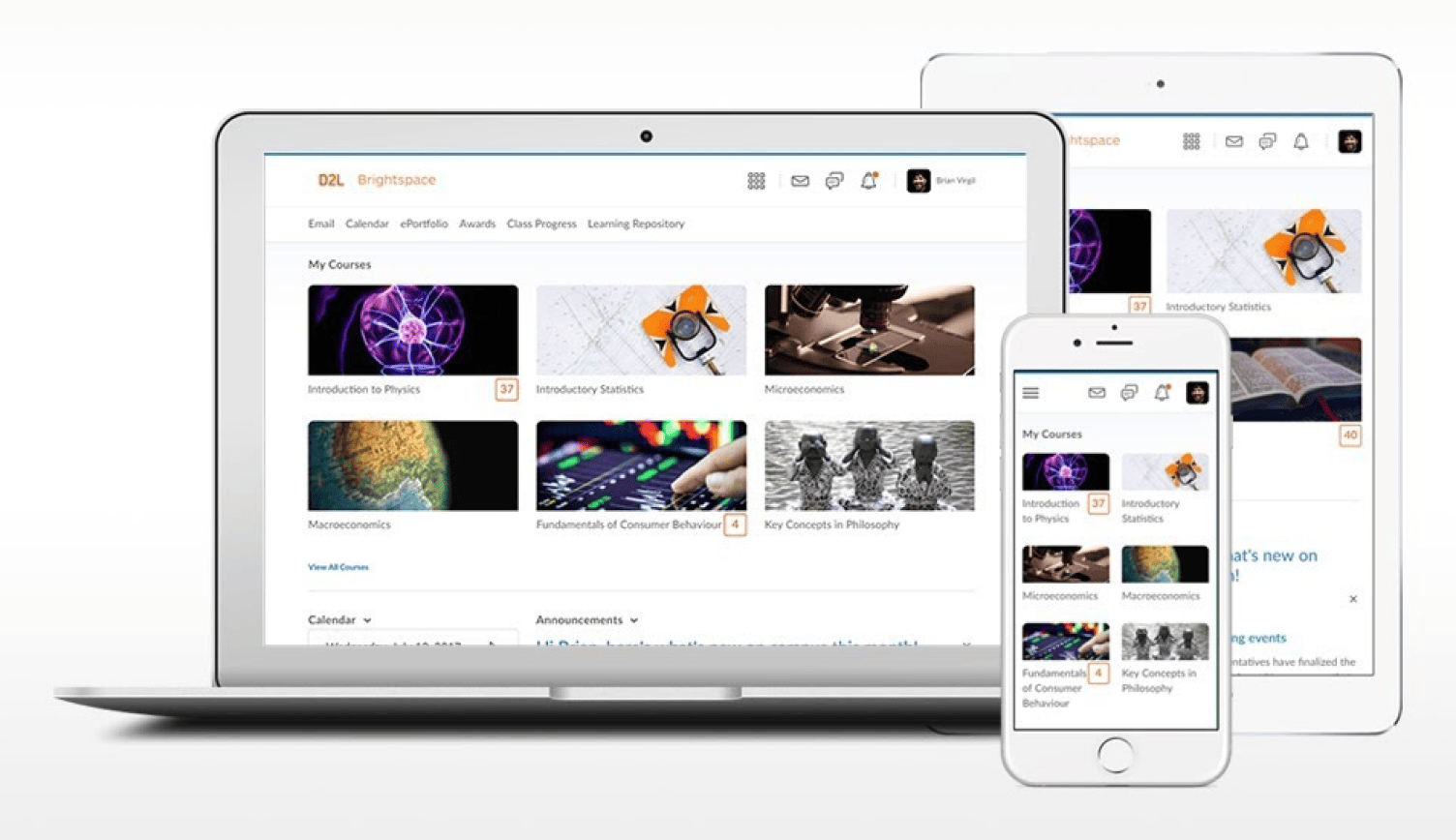 D2L Brightspace course dashboard shown on a laptop, tablet and phone