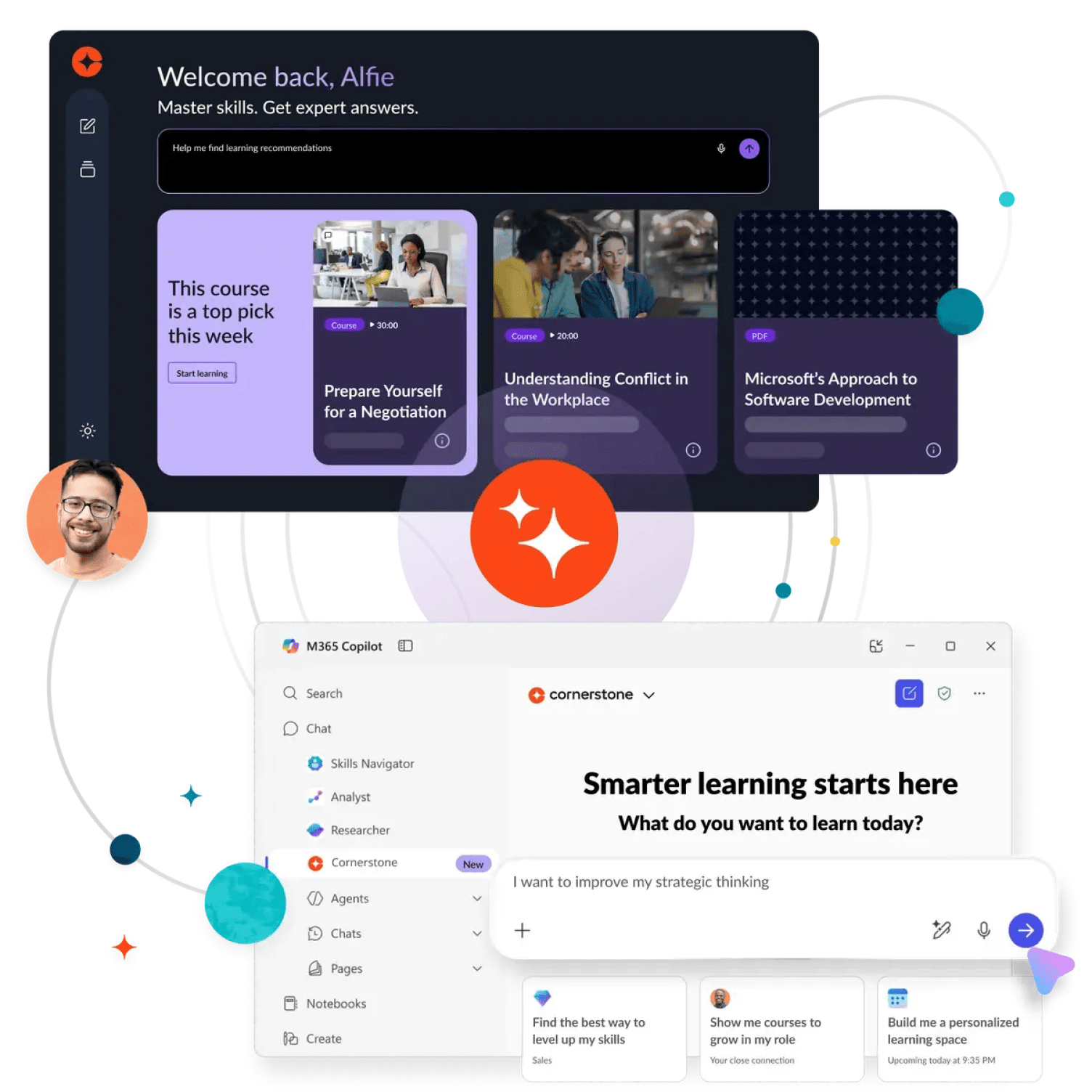 Cornerstone learner home page with AI course recommendations, alongside the Cornerstone assistant running inside Microsoft 365 Copilot