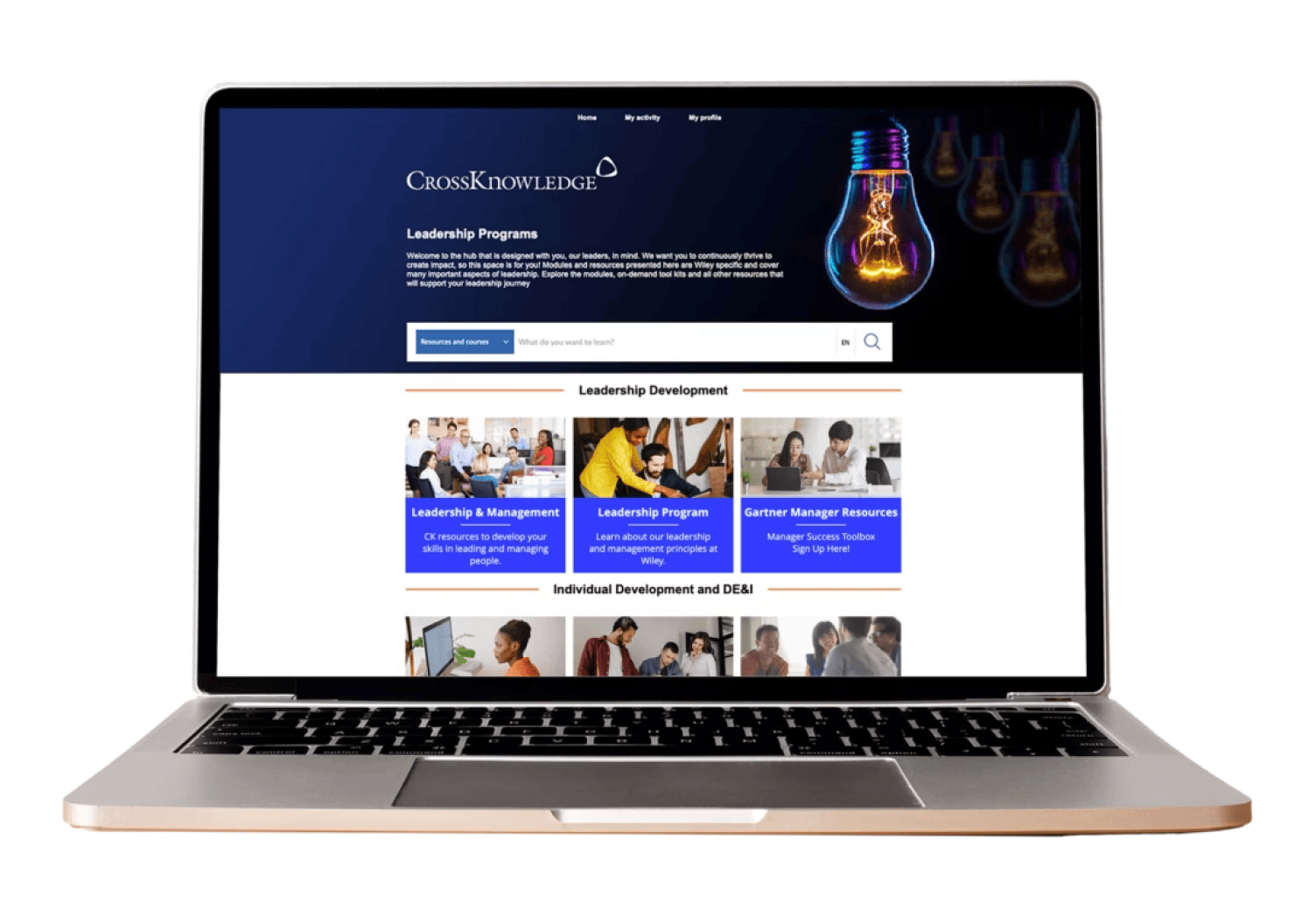 CrossKnowledge leadership programs portal with leadership development and DE&I course collections