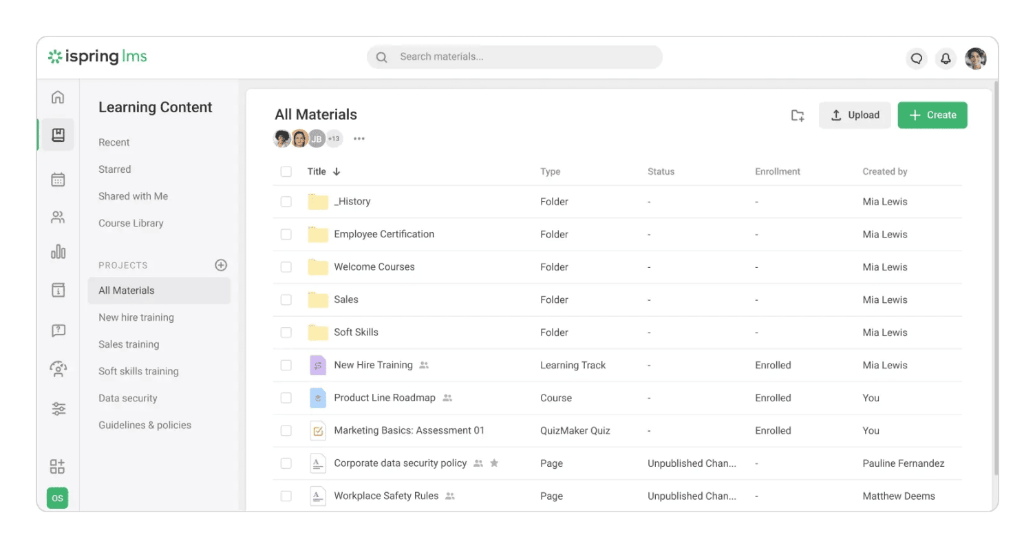iSpring Learn content library listing folders, courses, learning tracks and quizzes with status and enrolment columns