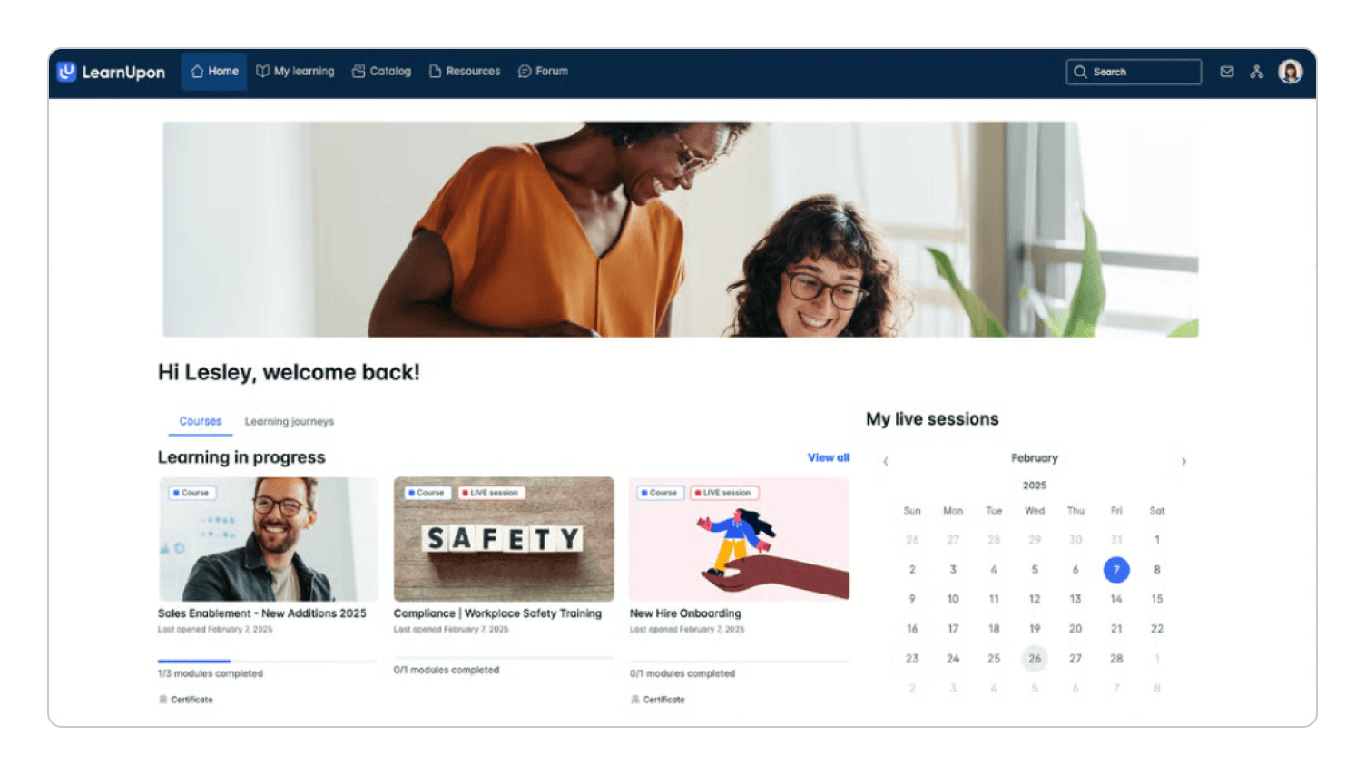 LearnUpon learner home page showing courses in progress including workplace safety training, next to a calendar of live sessions