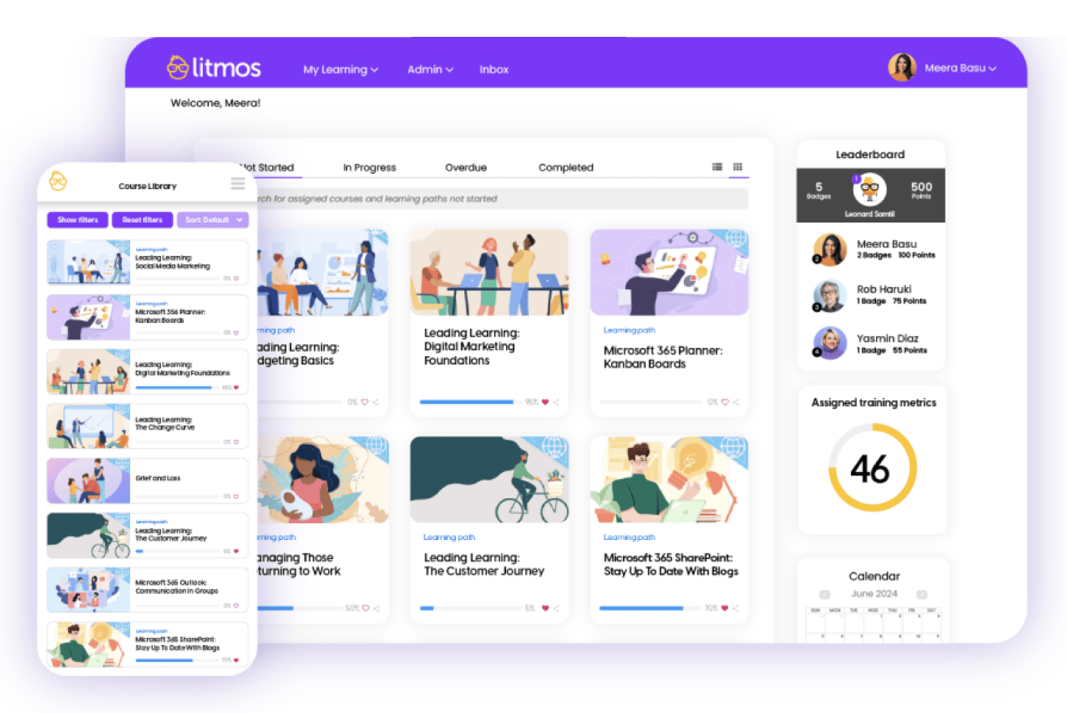 Litmos learner dashboard with assigned courses, progress tracking, leaderboard and training metrics, plus a mobile course library