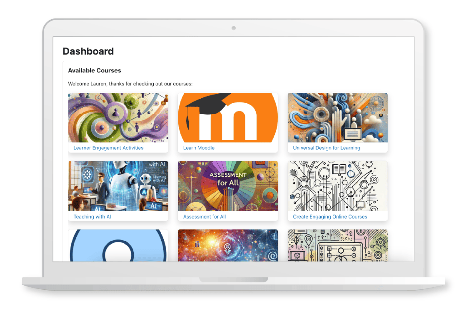 Moodle dashboard on a laptop showing a grid of available courses