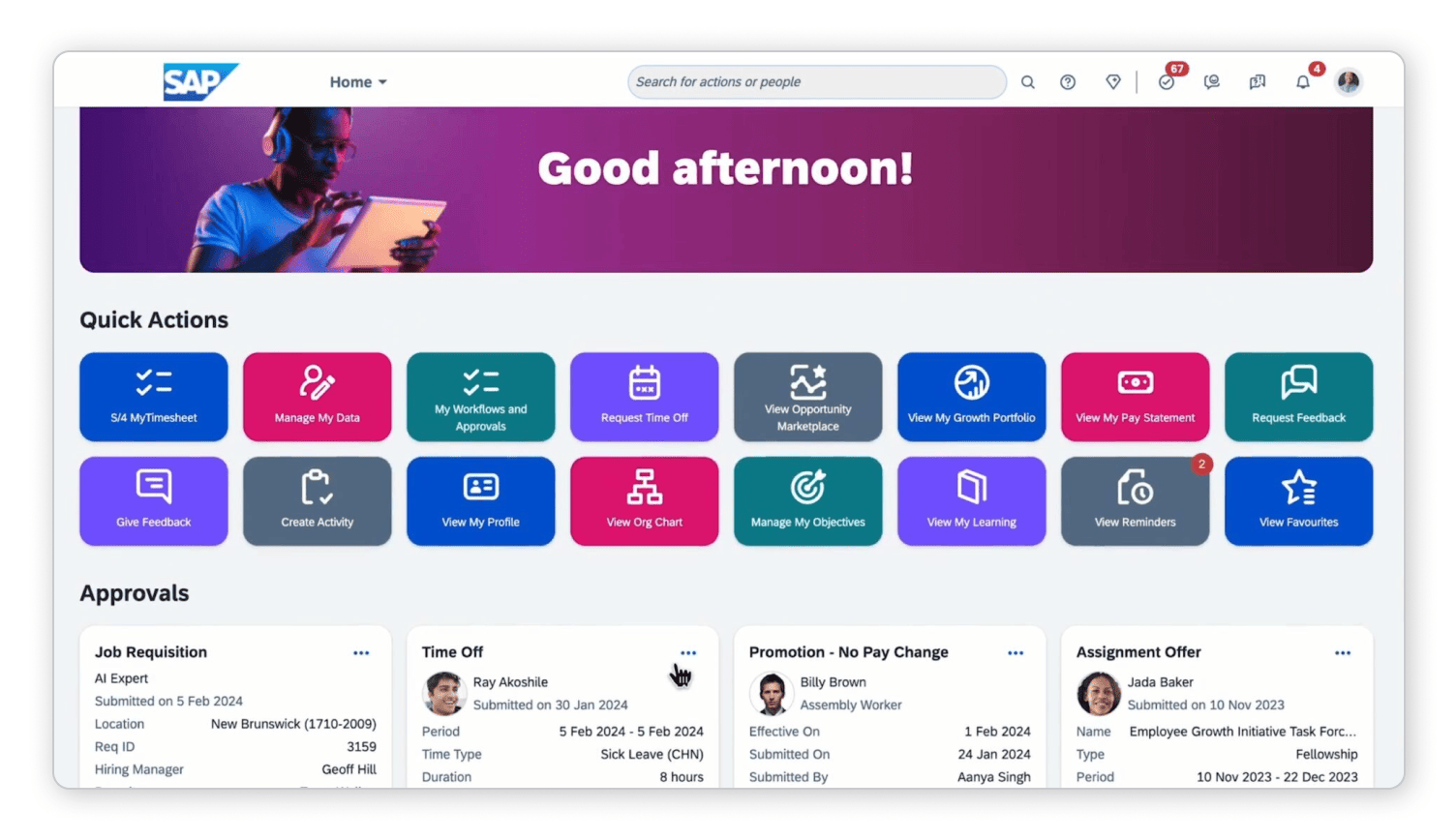 SAP SuccessFactors home page with quick action tiles for time off, learning and performance, and a list of pending approvals