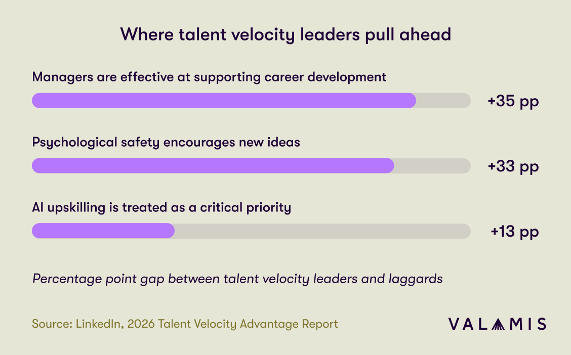 Percentage point gaps between talent velocity leaders and laggards: managers effective at supporting career development, 35; psychological safety encourages new ideas, 33; AI upskilling treated as a critical priority, 13.