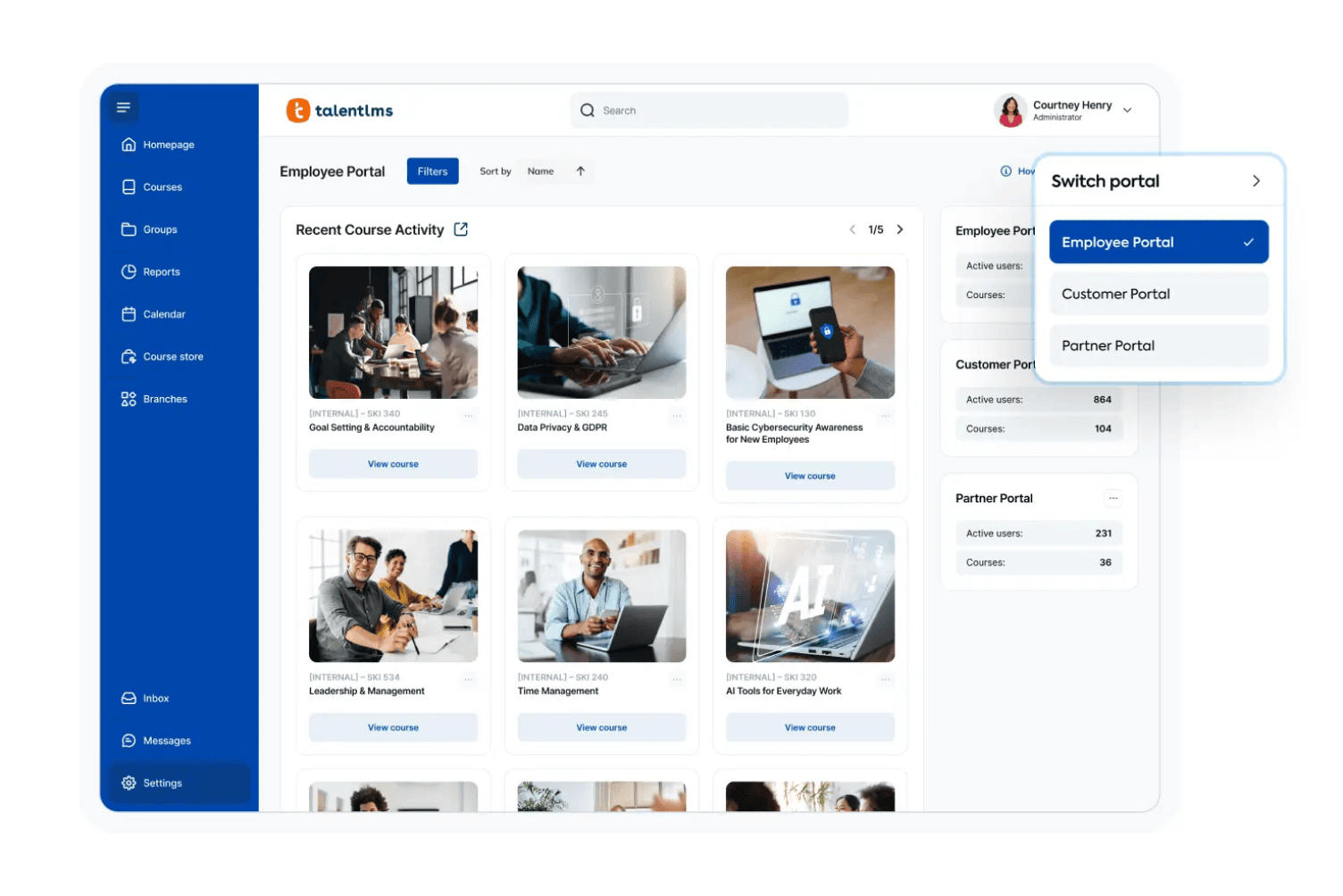 TalentLMS admin view of an employee portal course list with a menu to switch between employee, customer and partner portals