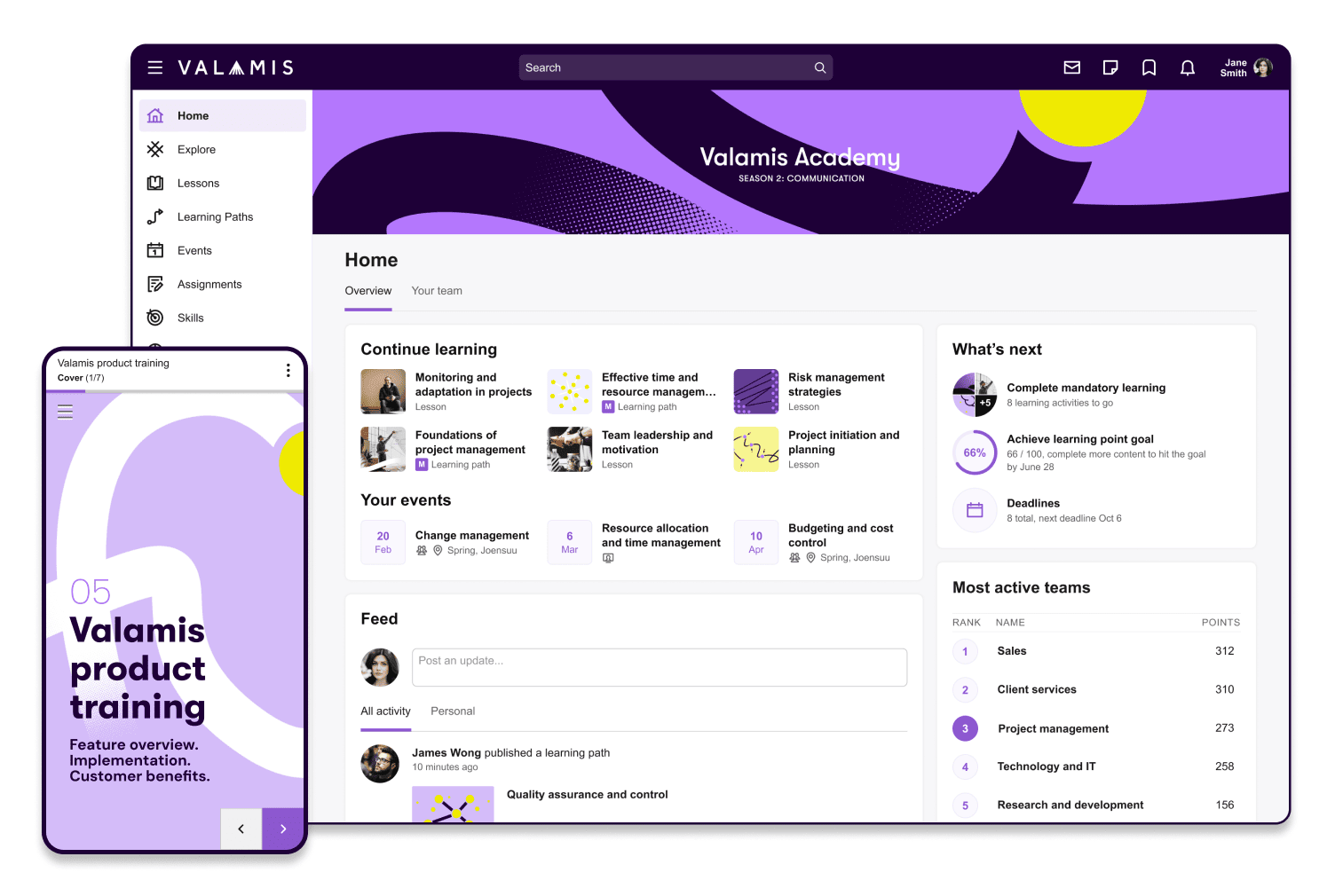 Valamis LMS home screen with continue learning, upcoming events, activity feed and most active teams, plus a mobile view of a product training path