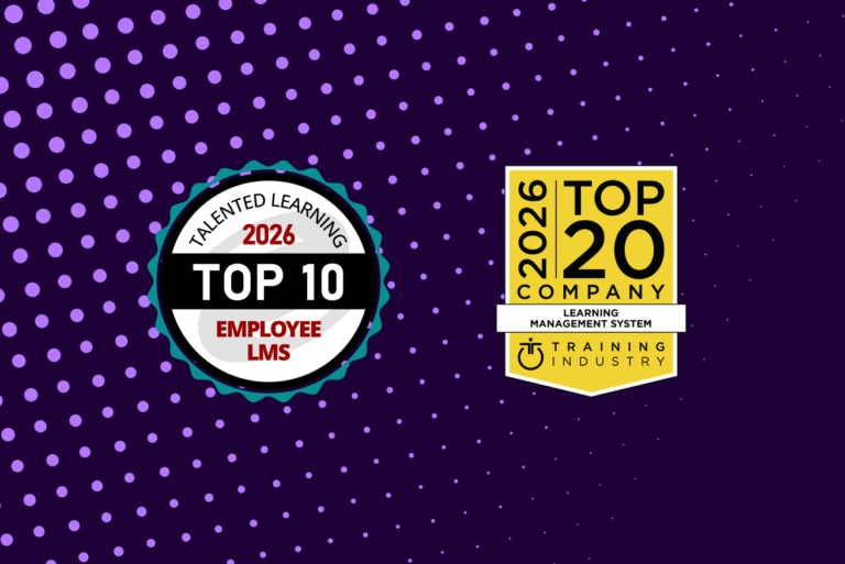 Talented Learning 2026 Top 10 Employee LMS badge and Training Industry 2026 Top 20 Learning Management System Company badge awarded to Valamis