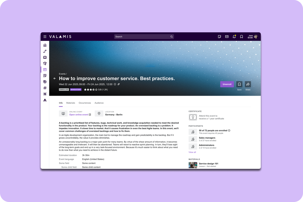 A learning event inside the Valamis platform showing enrollment, certificate and participant details